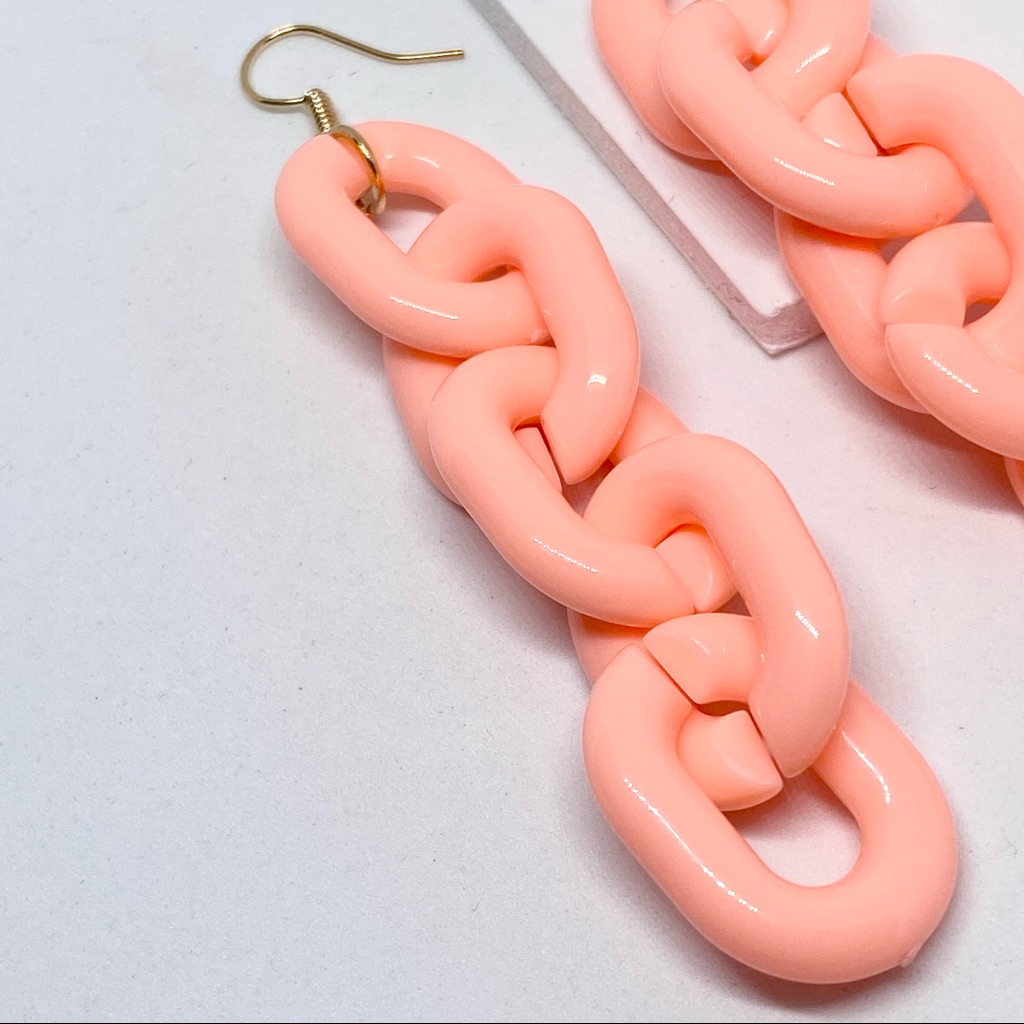 Chunky Chain Link Earrings Long Oversized Coral Peach D38